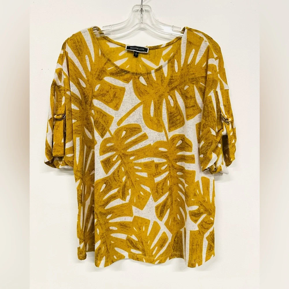 Melanie Lyne cutleaf knit top Womens Large Chartreuse white Monstera Summer - Picture 9 of 9